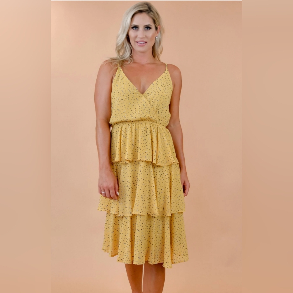 SHE+SKY* yellow lined three tier ruffle flounce adj spag strap cross fro…